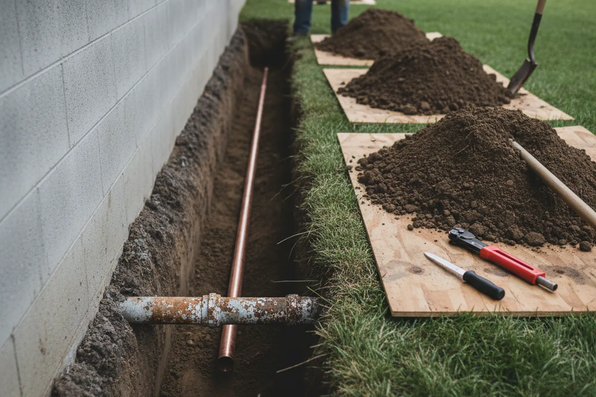 Excavated water line trench during Water Softener Installation in Sitka